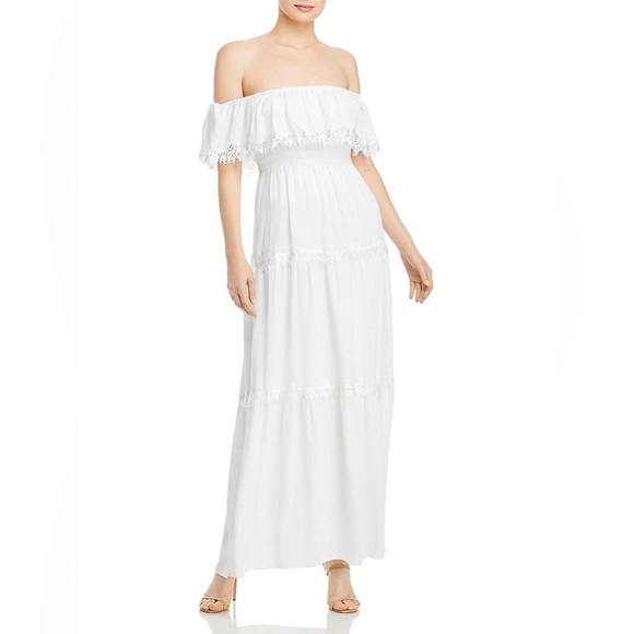 Aqua white Lace Trim Off Shoulder Evening Bridal Wedding Graduation Party Gown - Picture 3 of 4